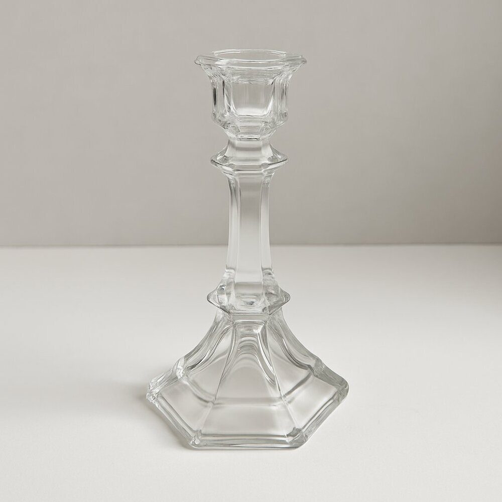 🏷️ Title  Vintage Clear Glass Taper Candle Holder – Hexagon Base, Elegant Class